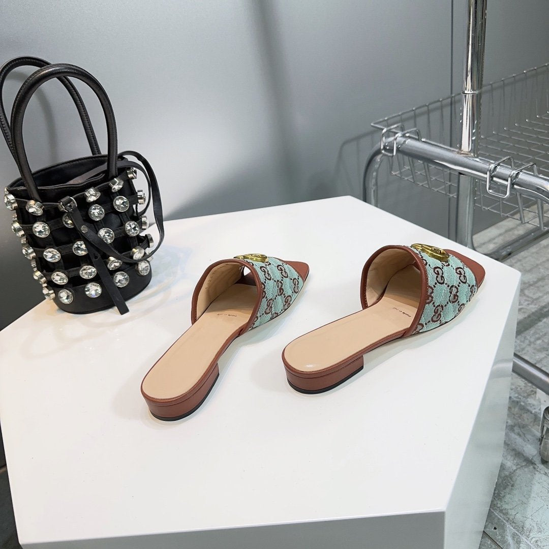 GUCCI MATELASS¨¦ CANVAS SLIDES LIGHT GREEN