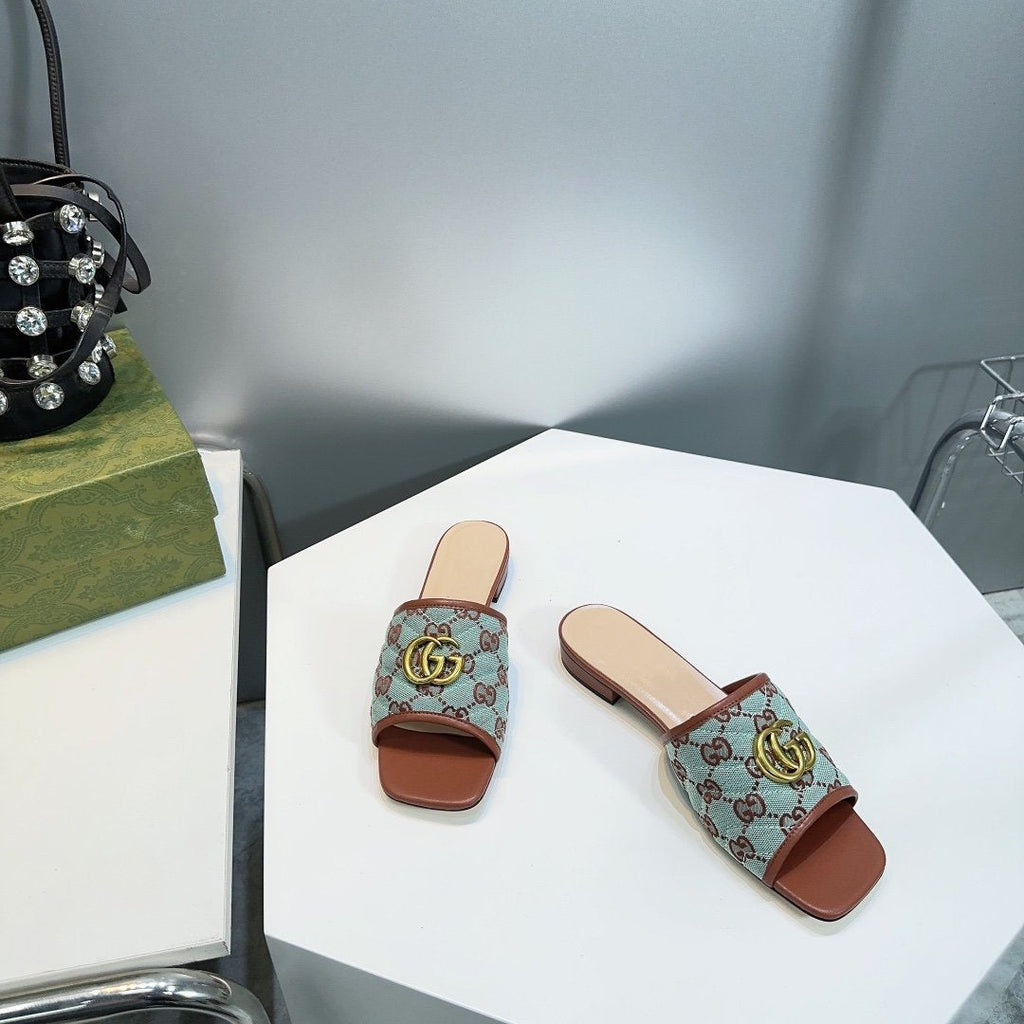 GUCCI MATELASS¨¦ CANVAS SLIDES LIGHT GREEN