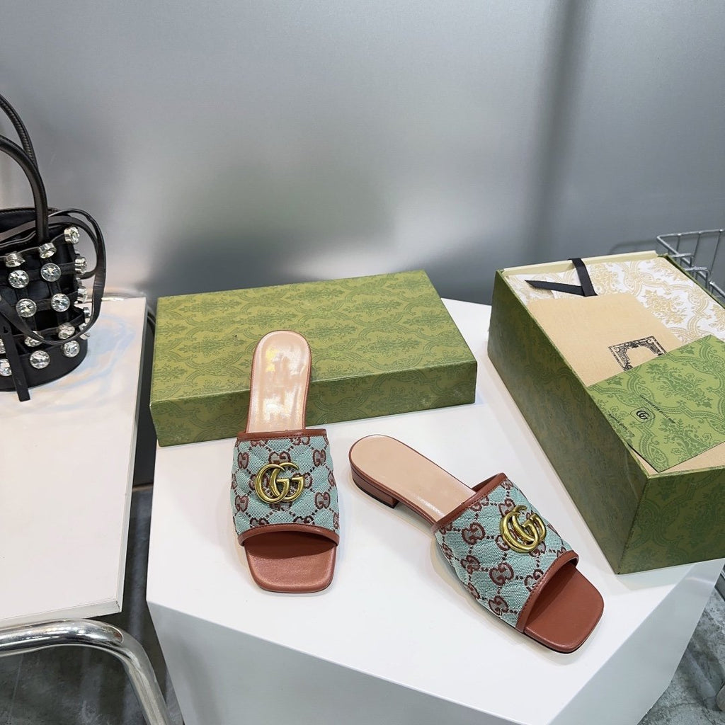 GUCCI MATELASS¨¦ CANVAS SLIDES LIGHT GREEN