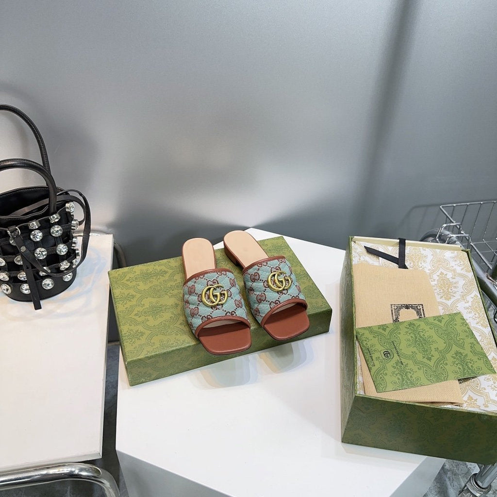 GUCCI MATELASS¨¦ CANVAS SLIDES LIGHT GREEN