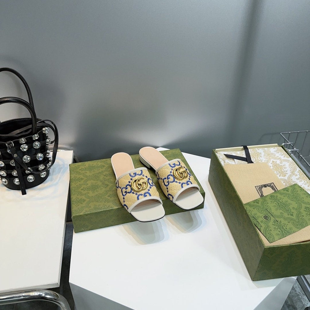 GUCCI MATELASS¨¦ CANVAS SLIDES GREEN LOGO