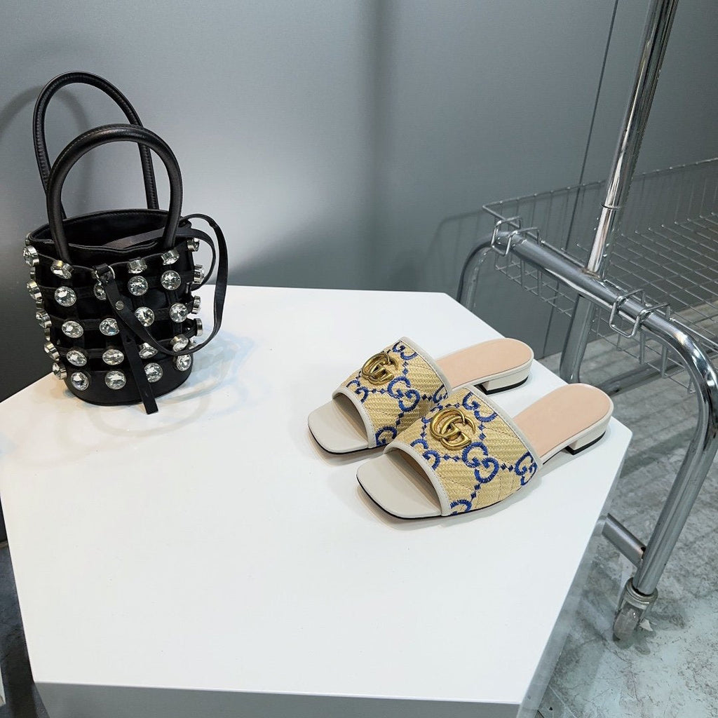 GUCCI MATELASS¨¦ CANVAS SLIDES GREEN LOGO
