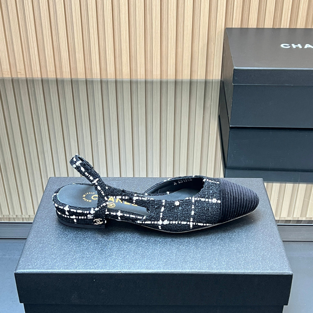 CHANEL 25S SLINGBACK FLATS SHOES IN BLACK TWEED