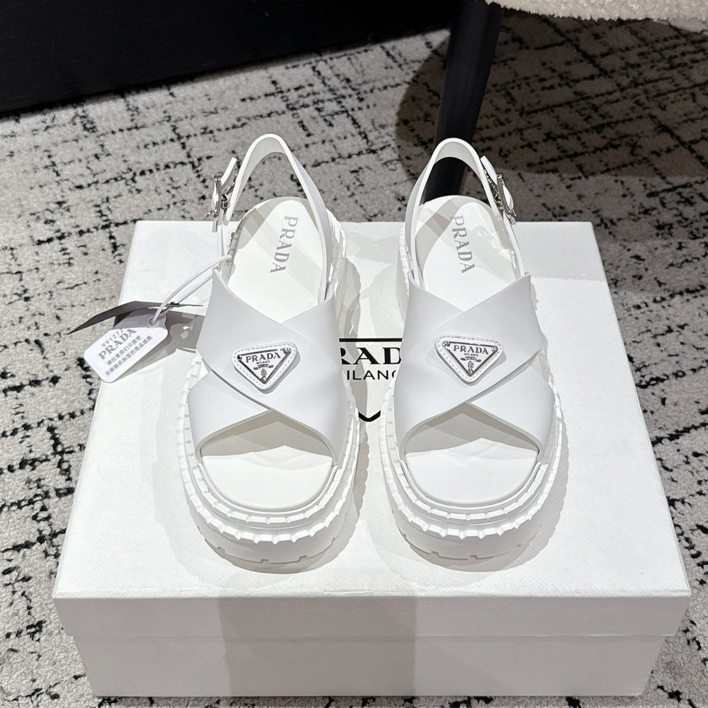 PRADA 25S CRISSCROSS SANLS IN WHITE CALFSKIN LOGO