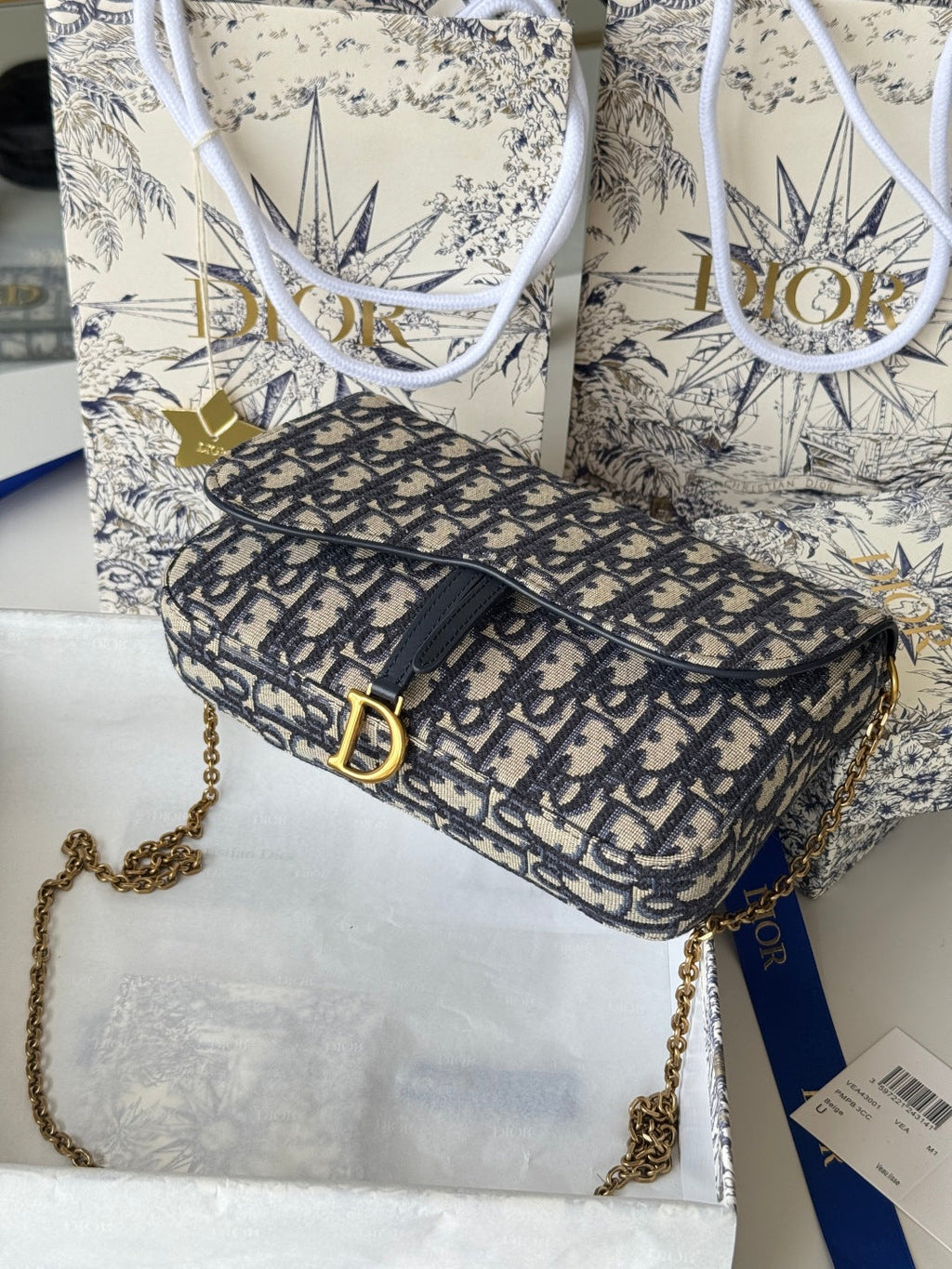 DIOR 25S MEDIUM SADDLE POUCH WITH CHAIN 21 IN BLUE DIOR OBLIQUE JACQUARD CANVAS