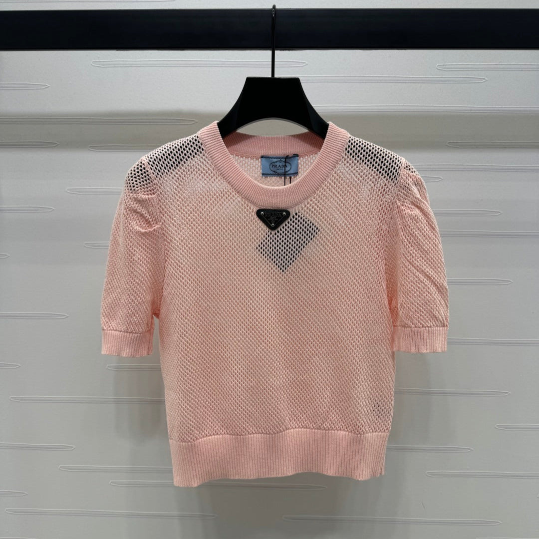 PRADA D 25S HOLLOW KNIT SHORT SLEEVE TOP 264136