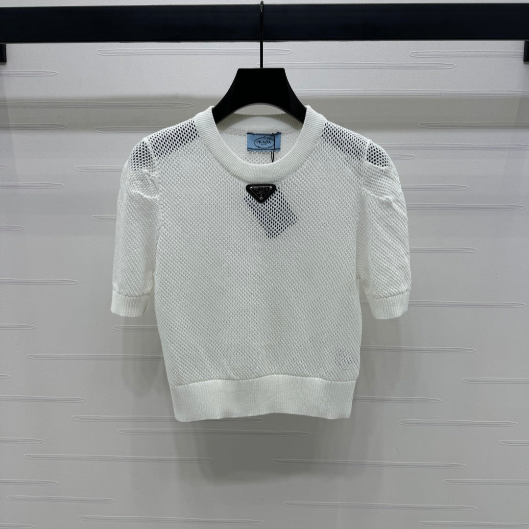 PRADA D 25S HOLLOW KNIT SHORT SLEEVE TOP 264134
