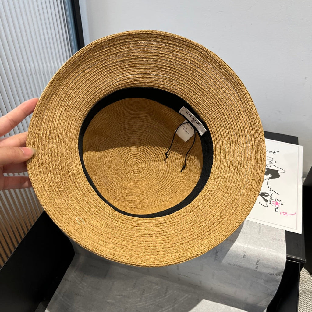 CHANEL STRAW BUCKET HAT IN BROWN WITH RIBBON BOW 673978
