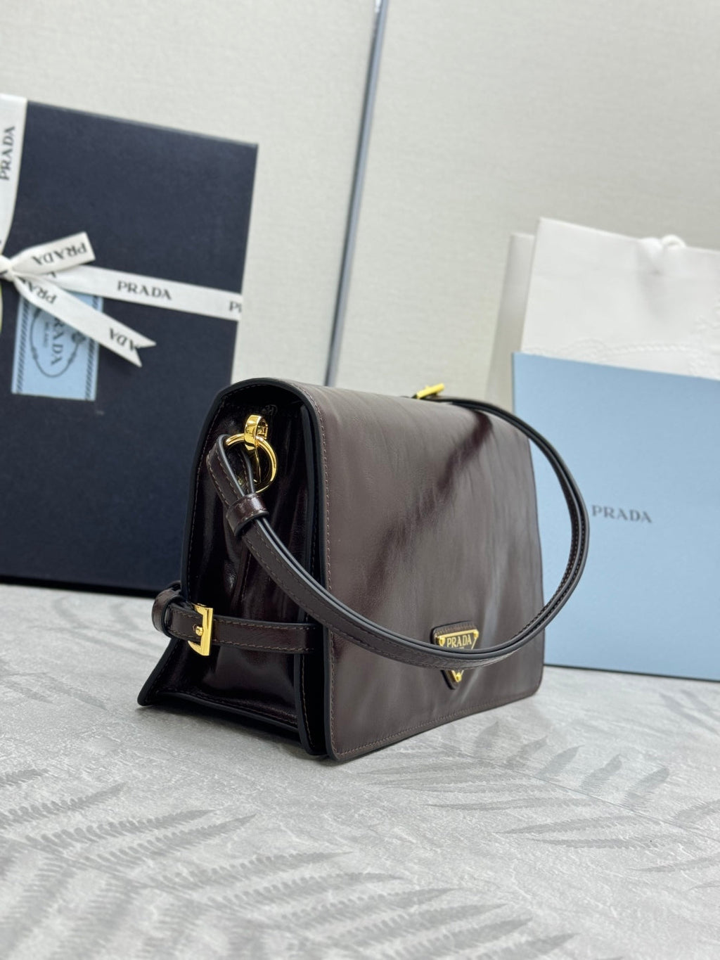 PRADA 25S SHOULDER BAG 23 IN RK BROWN CALFSKIN GOLD HARDWRE