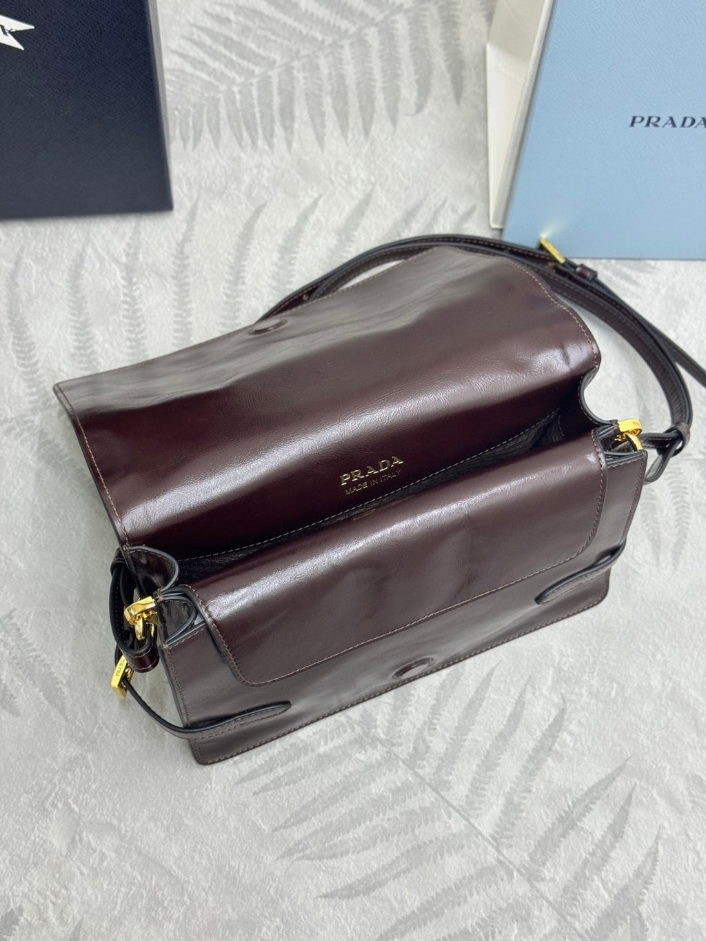 PRADA 25S SHOULDER BAG 23 IN RK BROWN CALFSKIN GOLD HARDWARE