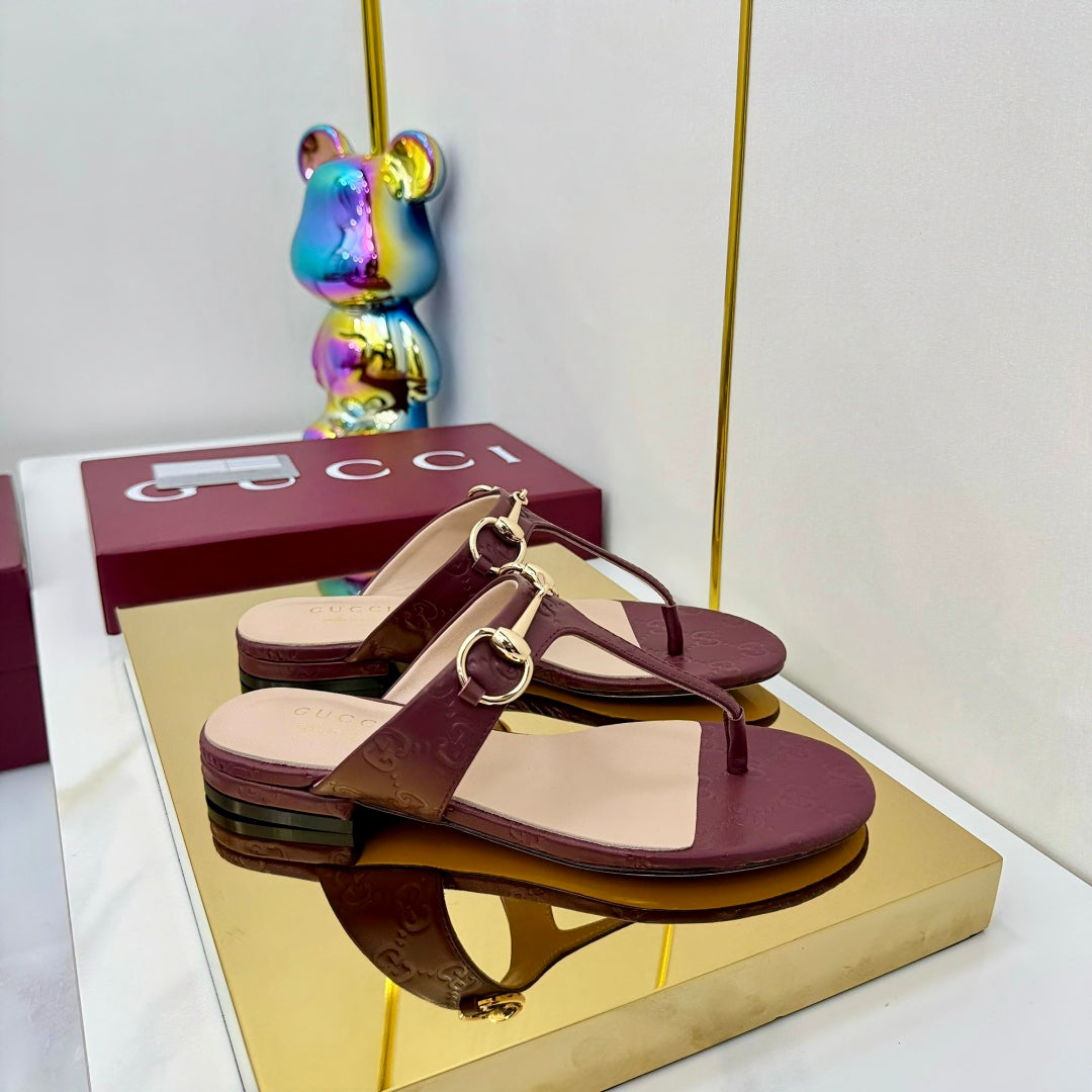 GUCCI THONG SANDALS 25S IN DARK RED LAMBSKIN WITH GOLD HARDWARE