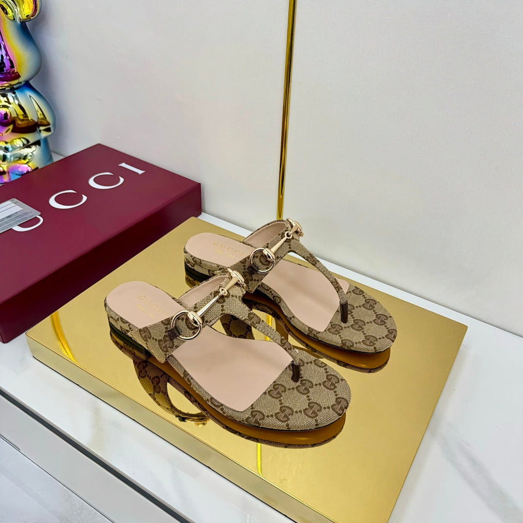 GUCCI THONG SANDALS 25S IN DARK BEIGE LAMBSKIN MIX CANVAS WITH GOLD HARDWARE