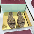 GUCCI SLIDES IN DARK BEIGE WITH GOLD HARDWARE