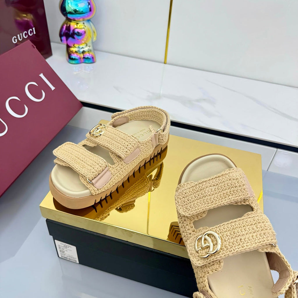 GUCCI SANDALS 25S IN NATURAL STRAW CROCHET COTTON FABRIC
