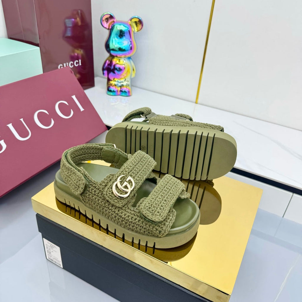 GUCCI SANDALS 25S IN MOSS GREEN CROCHET COTTON FABRIC