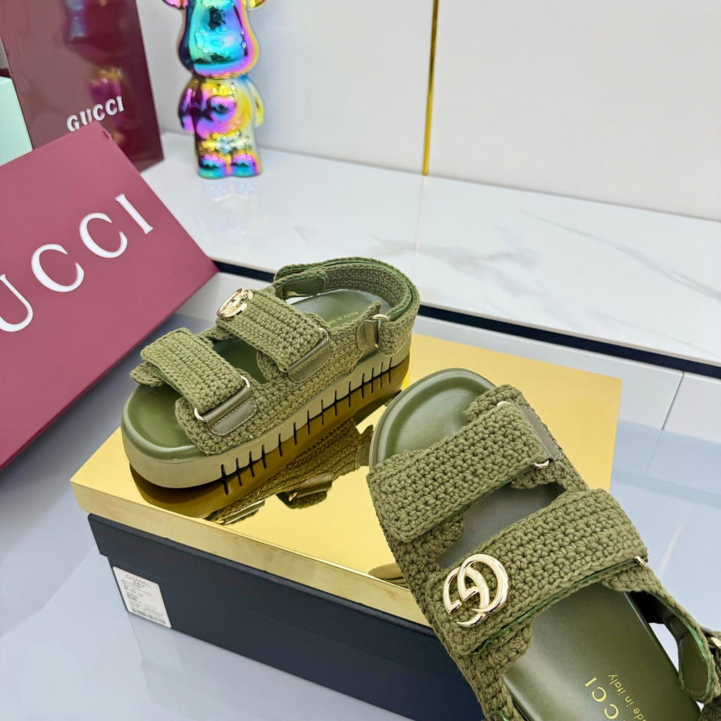GUCCI SANDALS 25S IN MOSS GREEN CROCHET COTTON FABRIC