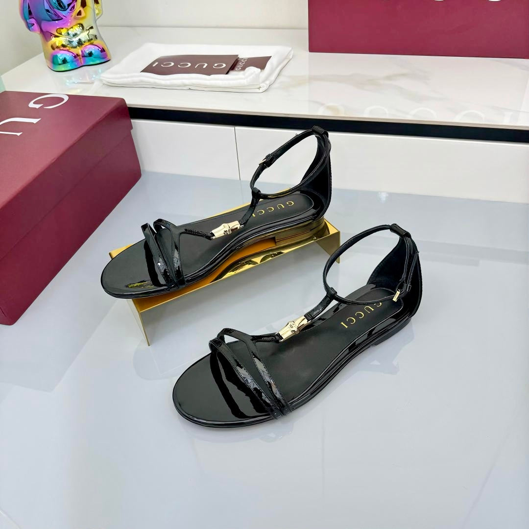GUCCI THONG SANDALS 25S IN BLACK LAMBSKIN WITH GOLD HARDWARE