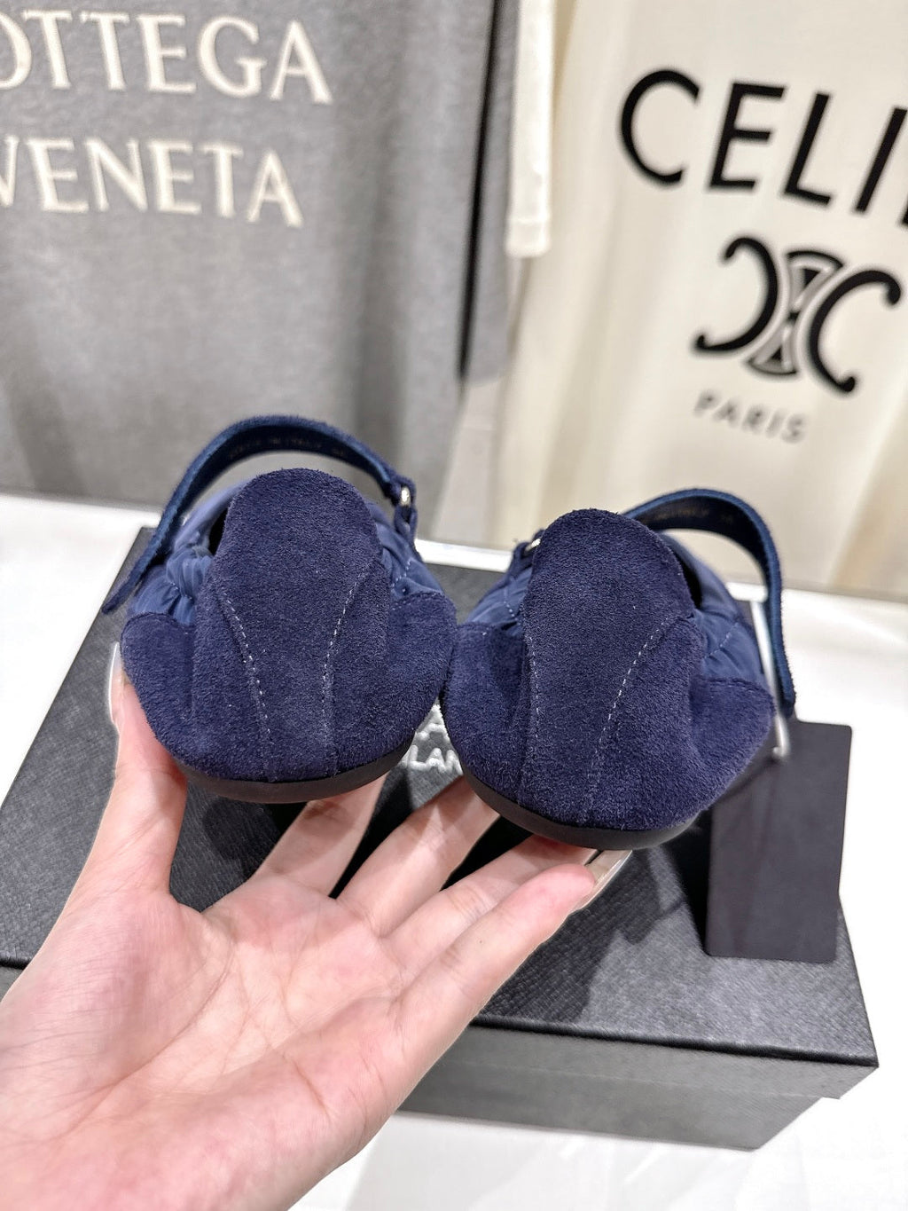 PRADA 25S COLLAPSE RE NYLON AND SUEDE BALLERINAS IN RK BLUE