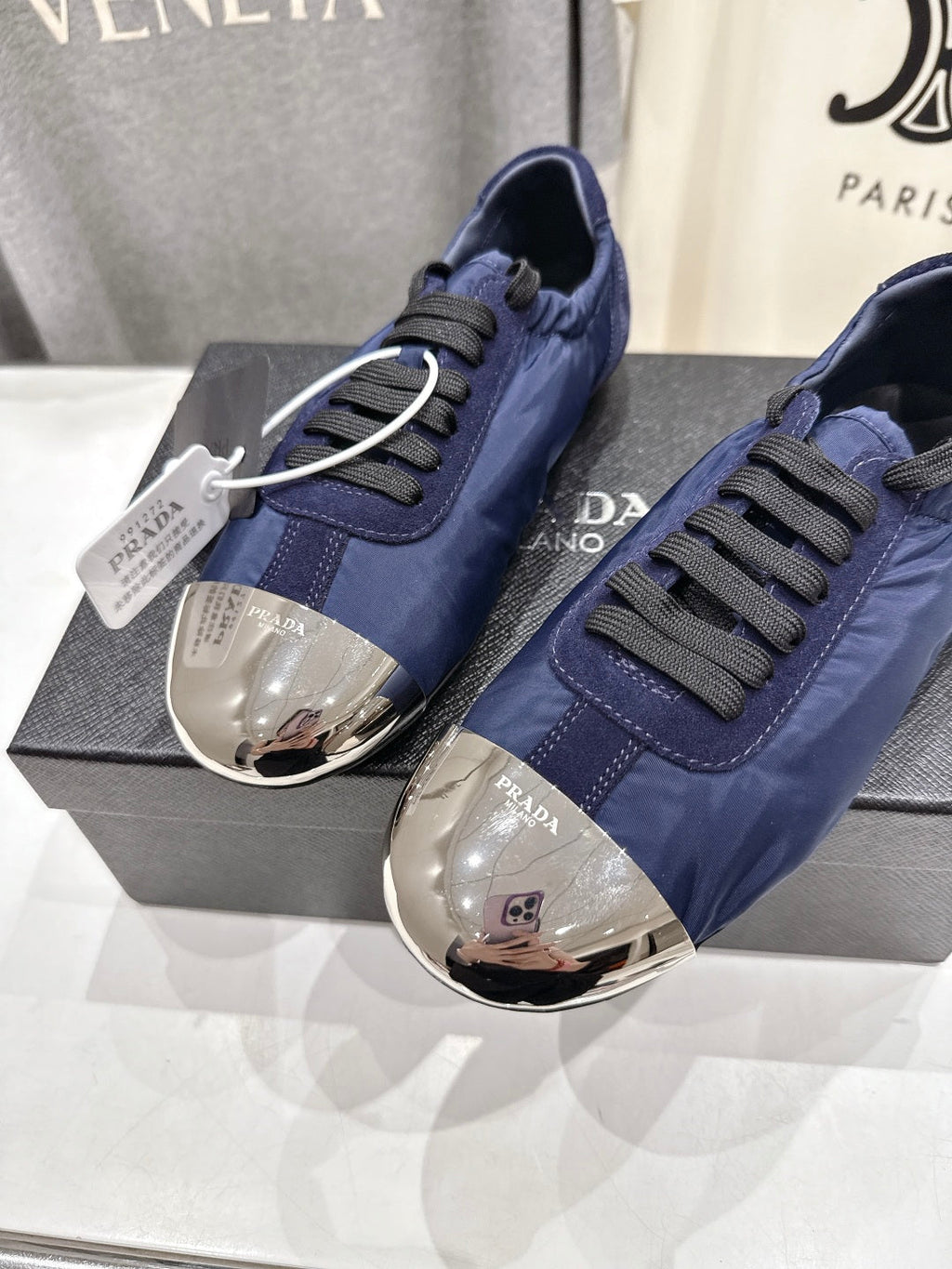 PRADA 25S COLLAPSE RE NYLON AND SUEDE SNEAKERS IN RK BLUE WITH METAL TOECAP