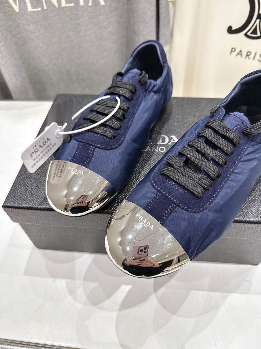 PRADA 25S COLLAPSE RE NYLON AND SUEDE SNEAKERS IN RK BLUE WITH METAL TOECAP