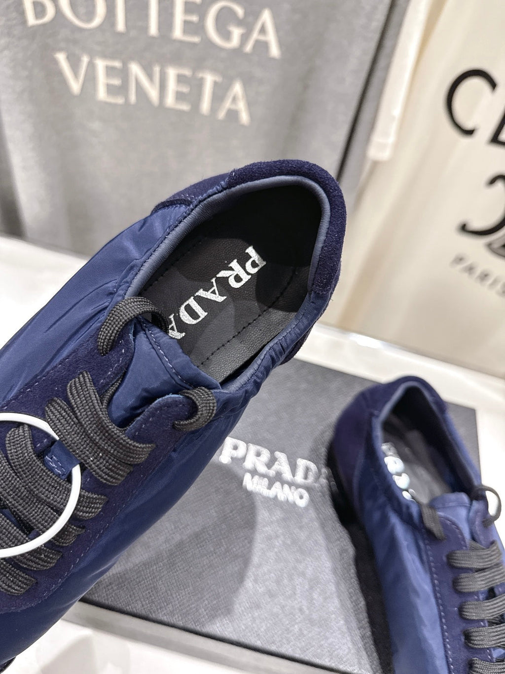PRADA 25S COLLAPSE RE NYLON AND SUEDE SNEAKERS IN RK BLUE WITH METAL TOECAP