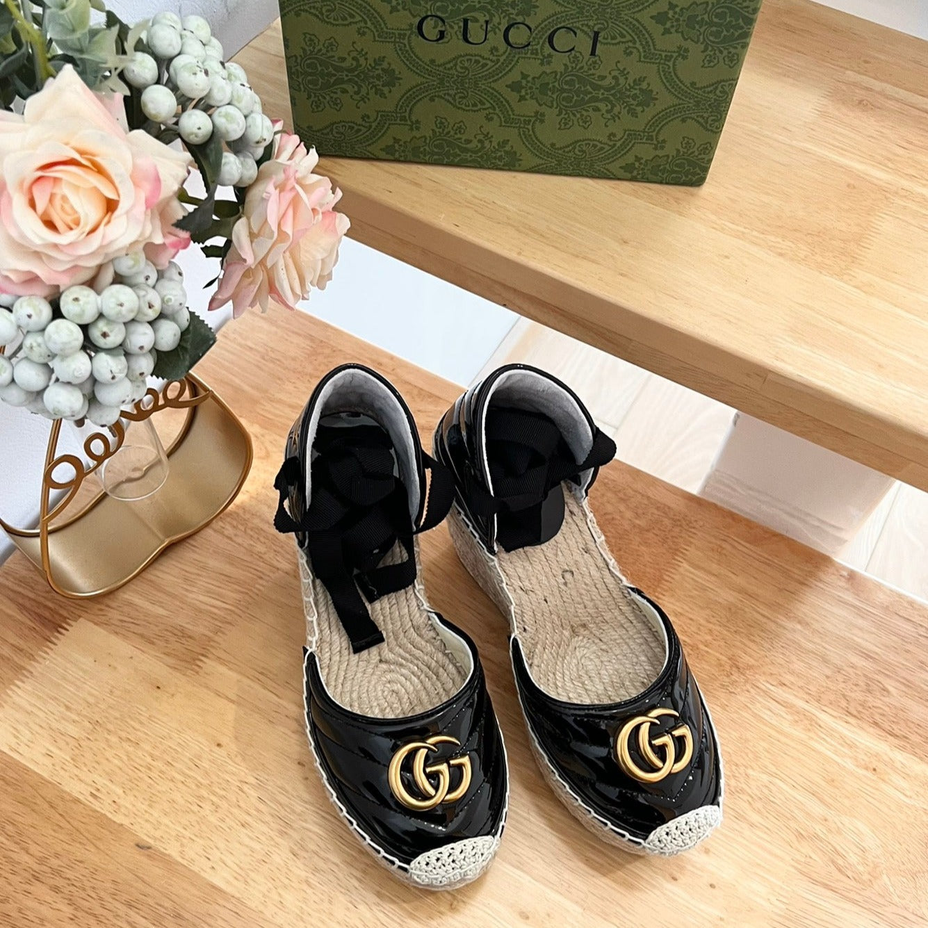 GUCCI Crochet platform Espadrilles Blush Black