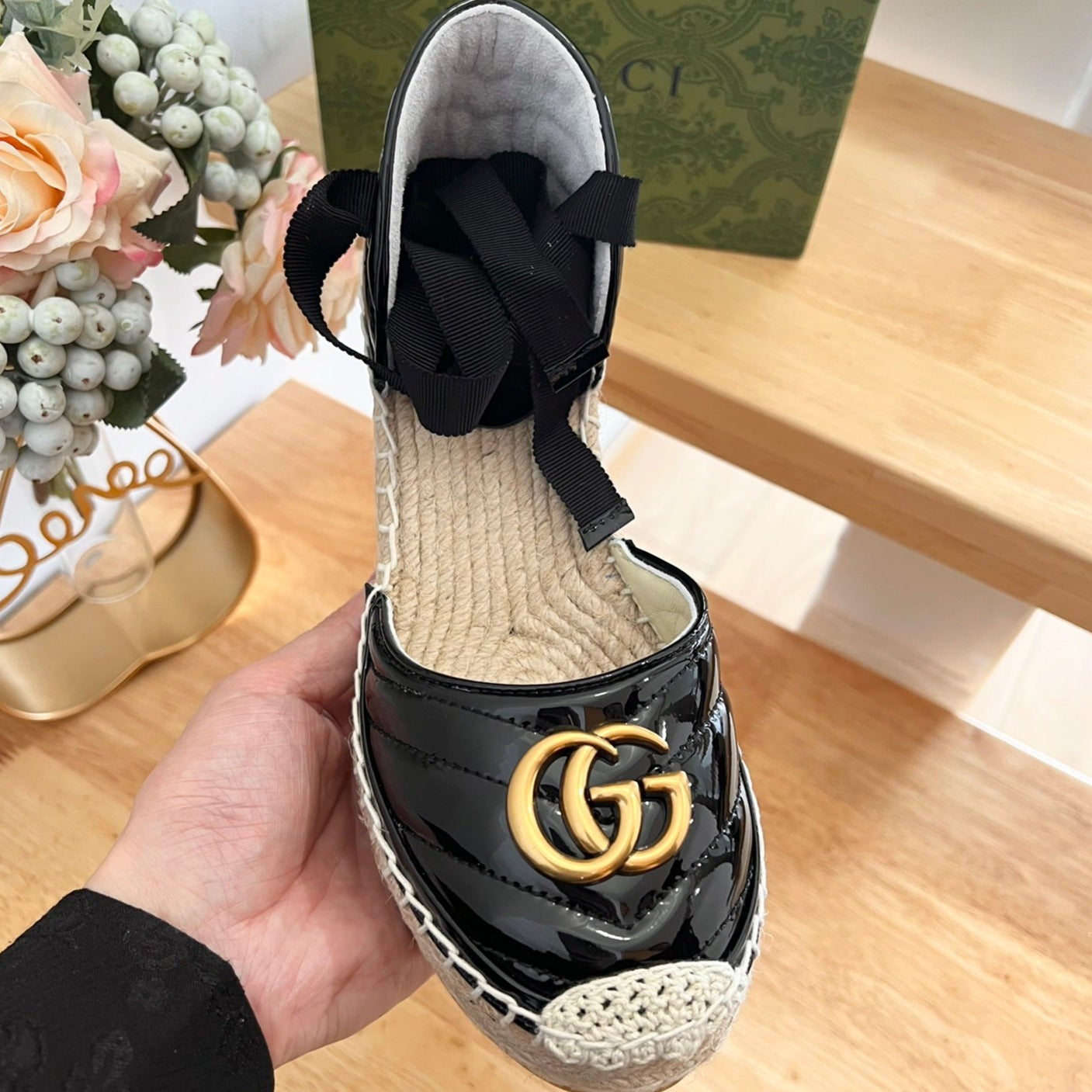 GUCCI Crochet platform Espadrilles Blush Black