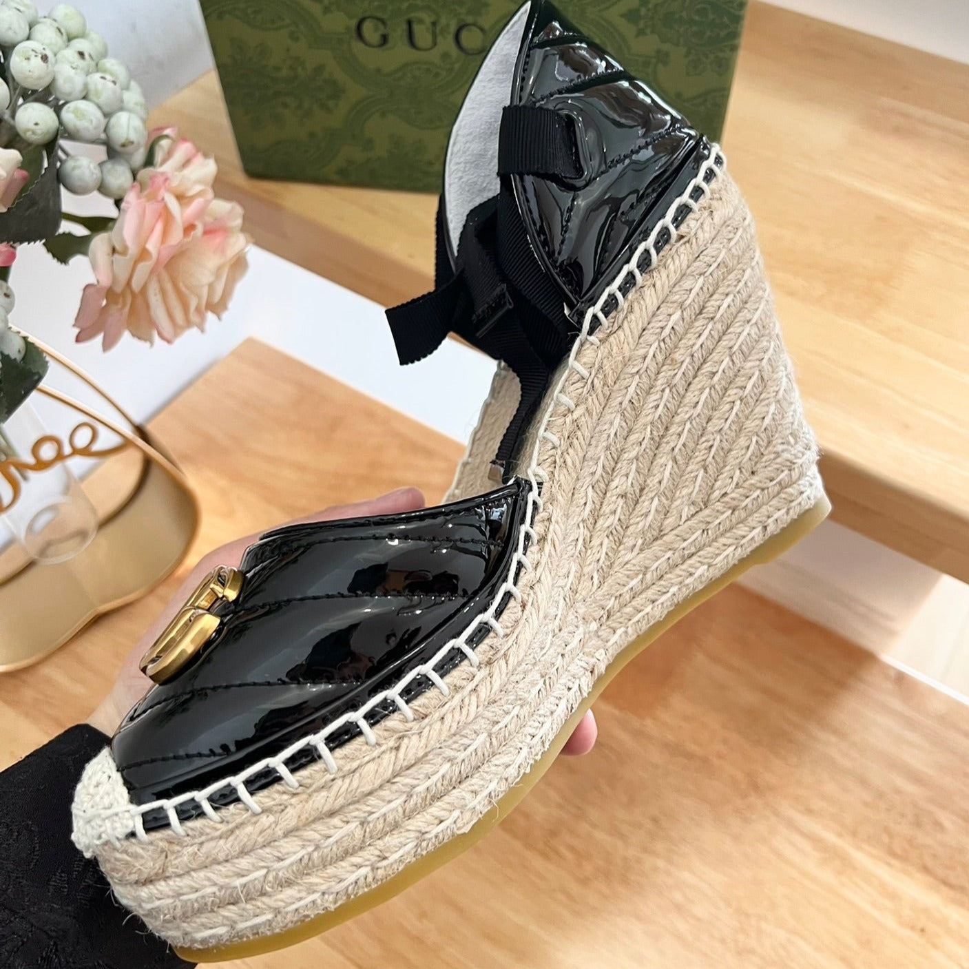 GUCCI Crochet platform Espadrilles Blush Black