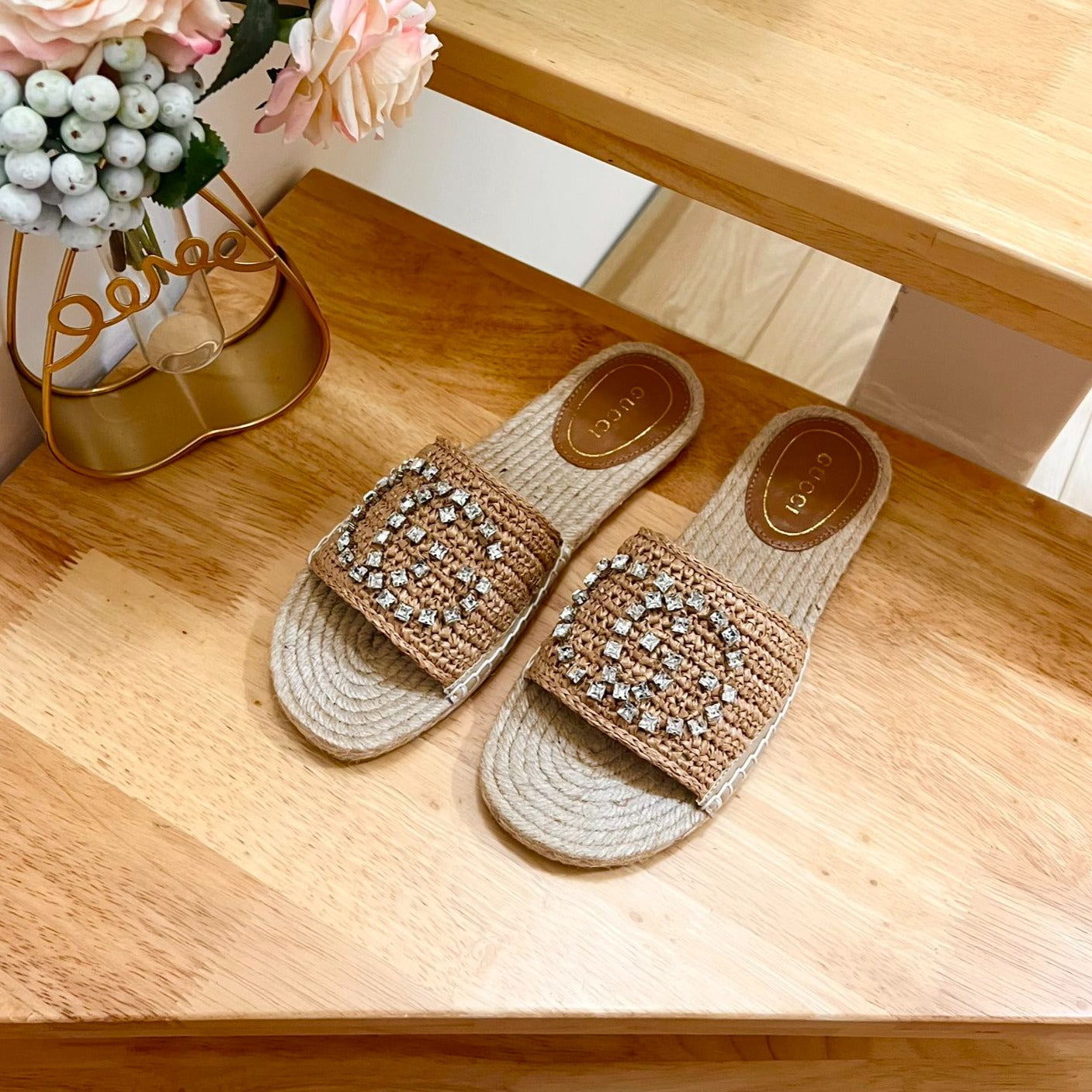 GUCCI Casual Style Logo Sandals Brown Caramel