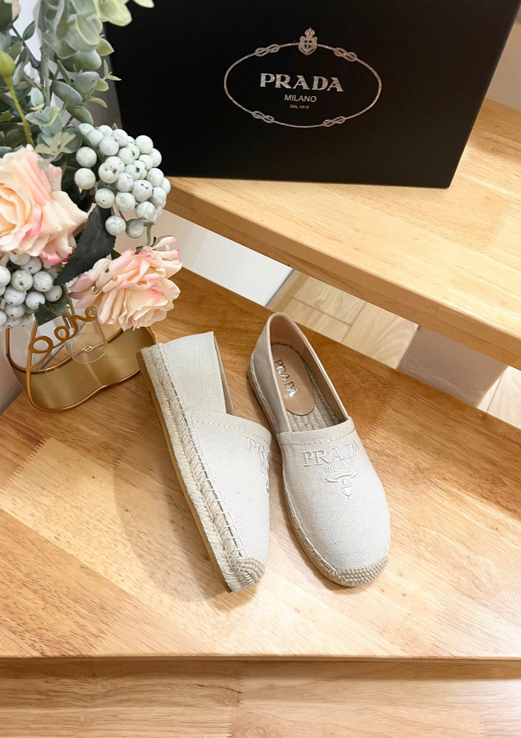 PRADA ESPADRILLES LOAFERS CREAMY WHITE LINEN FABRIC