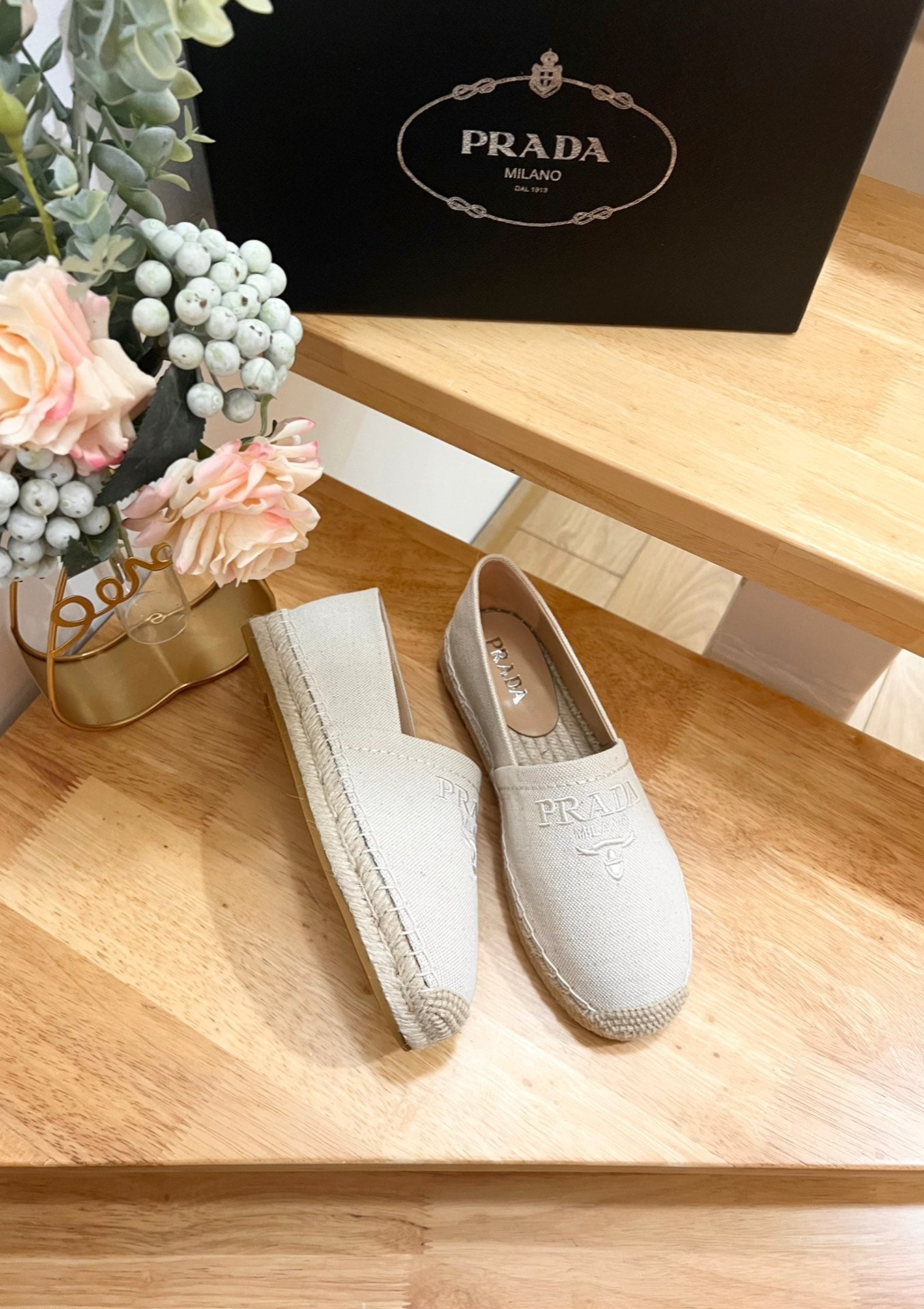 PRADA ESPADRILLES LOAFERS CREAMY WHITE LINEN FABRIC