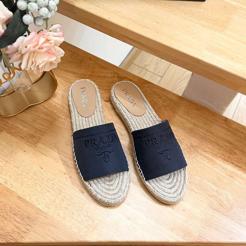 PRADA CROCHET SLIPPERS NAVY LINEN FABRIC