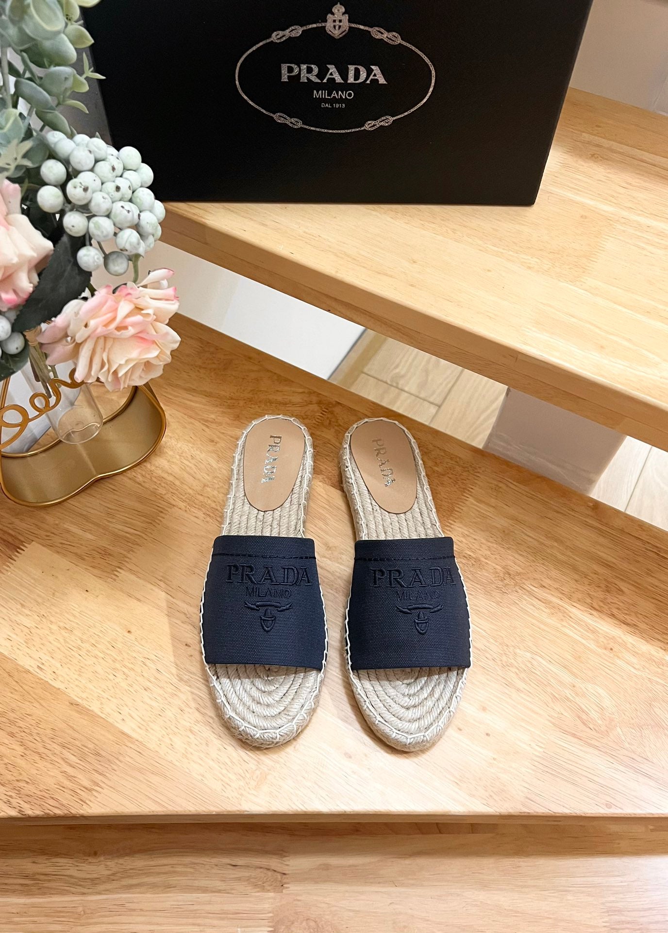 PRADA CROCHET SLIPPERS NAVY LINEN FABRIC