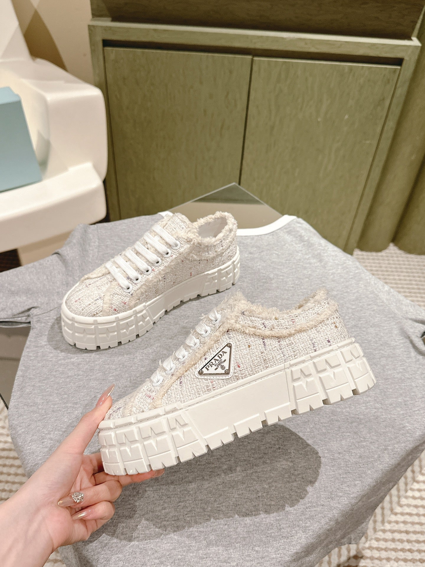 PRADA DOUBLE WHEEL RE-NYLON GABARDINE SNEAKERS BEIGE FABRIC