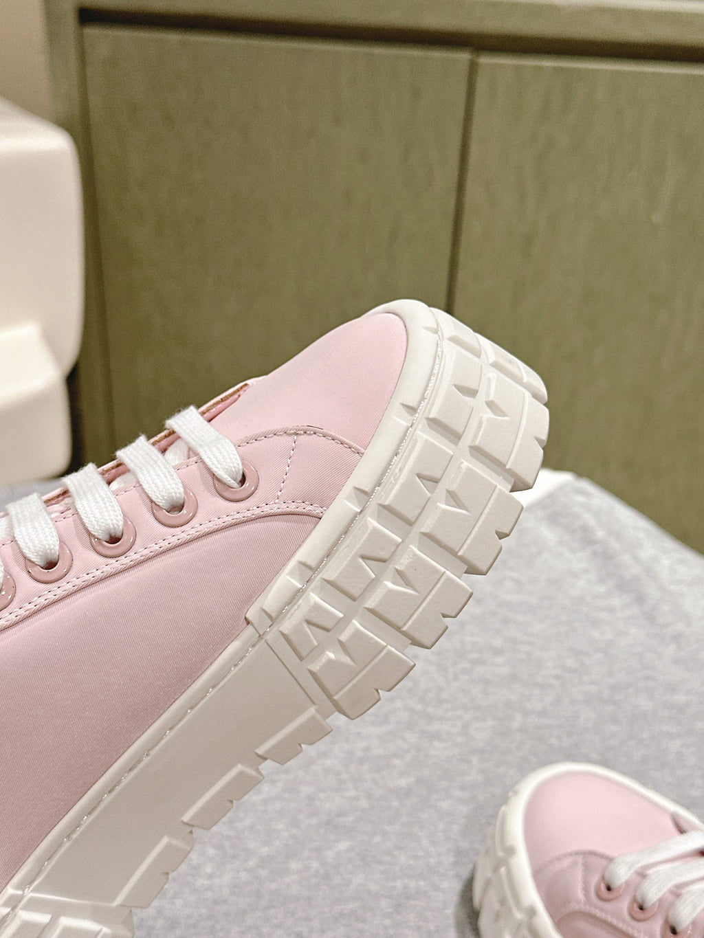 PRADA DOUBLE WHEEL RE-NYLON GABARDINE SNEAKERS PASTEL PINK CALFSKIN