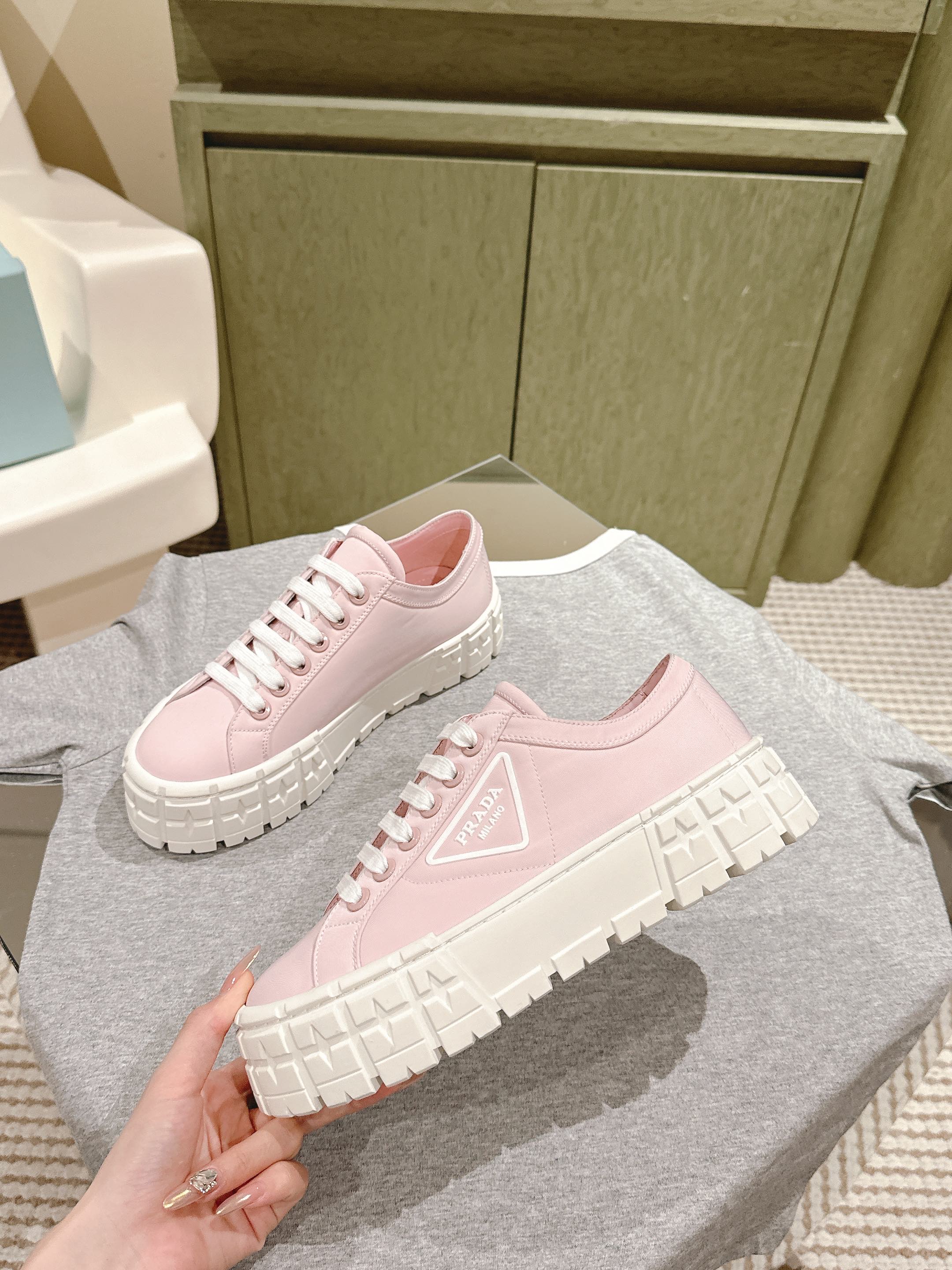 PRADA DOUBLE WHEEL RE-NYLON GABARDINE SNEAKERS PASTEL PINK CALFSKIN