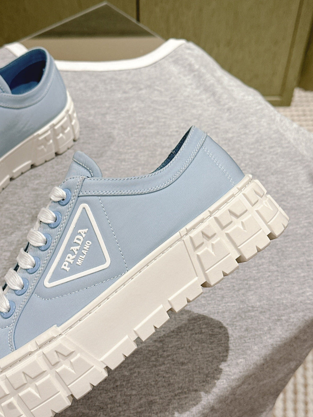 PRADA DOUBLE WHEEL RE-NYLON GABARDINE SNEAKERS SKY CALFSKIN