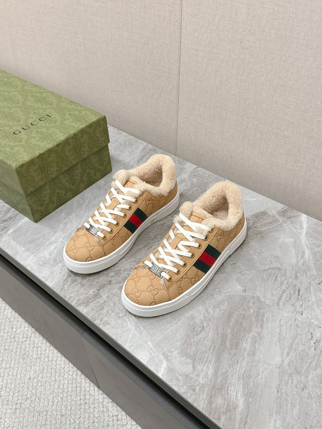 GUCCI ACE SNEAKER WITH WEB IN BEIGE EMBOSSED SUEDE AND WOOL LINING