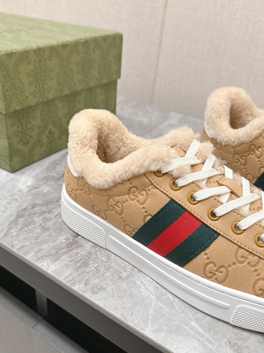 GUCCI ACE SNEAKER WITH WEB IN BEIGE EMBOSSED SUEDE AND WOOL LINING