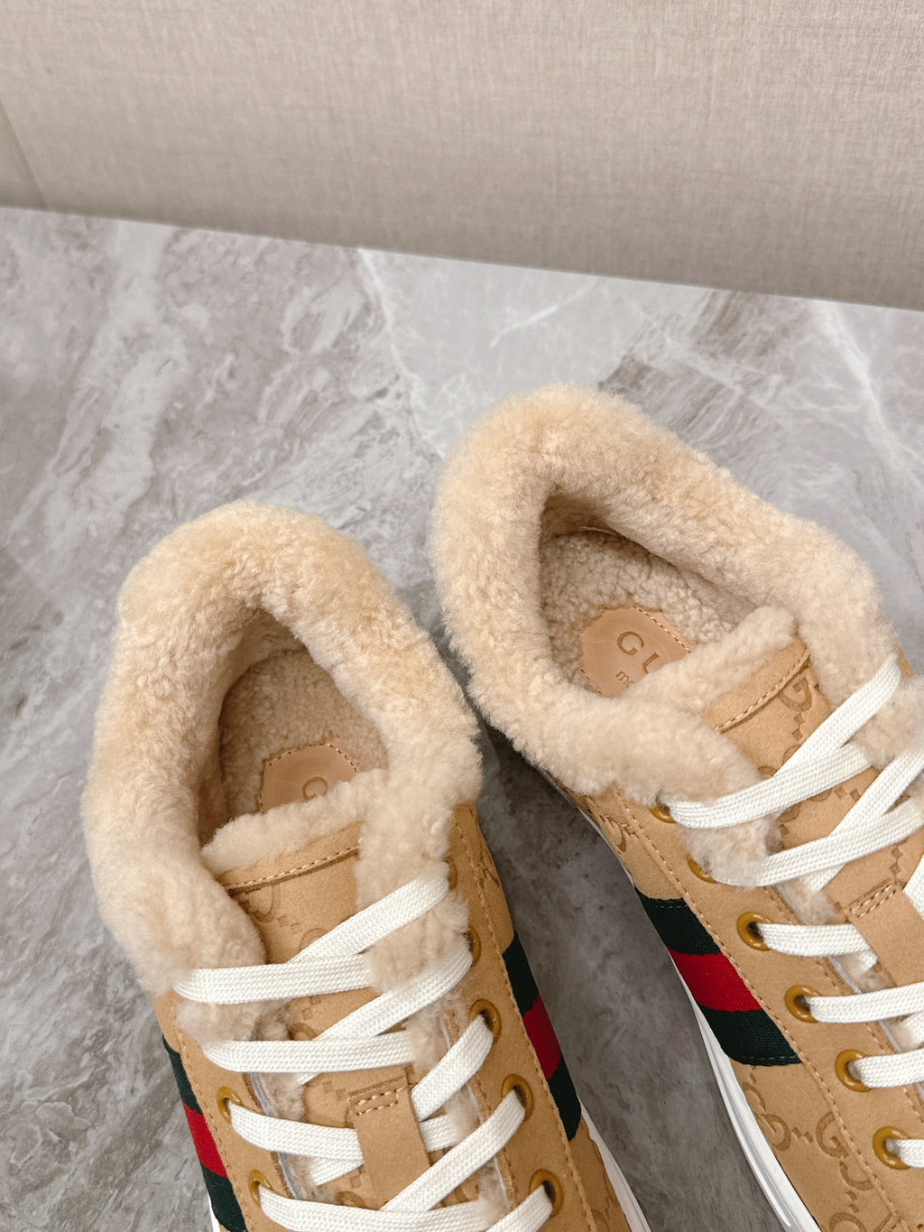GUCCI ACE SNEAKER WITH WEB IN BEIGE EMBOSSED SUEDE AND WOOL LINING