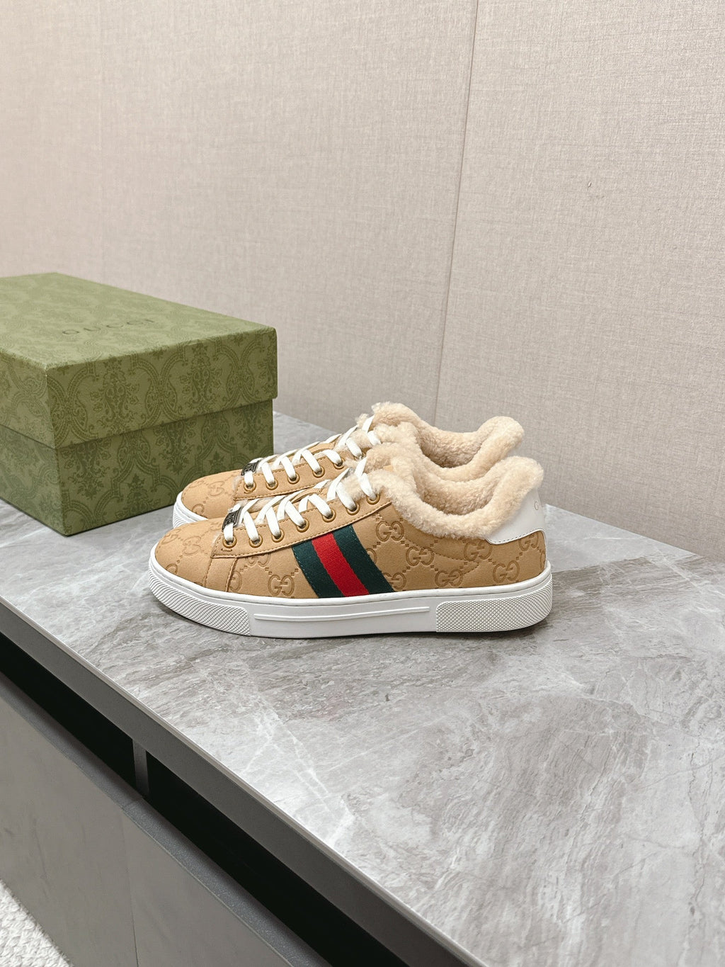 GUCCI ACE SNEAKER WITH WEB IN BEIGE EMBOSSED SUEDE AND WOOL LINING