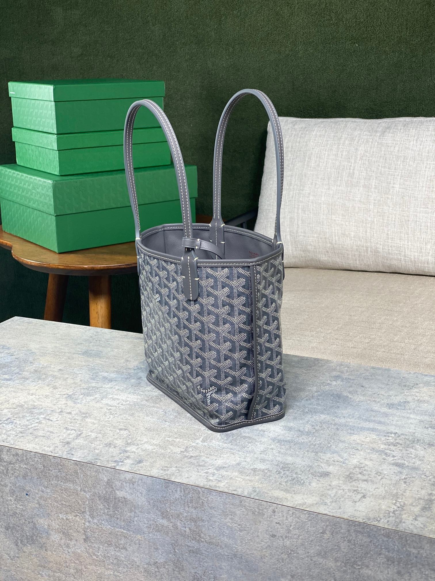 ANJOU MINI BAG 20 IN GREY GOYARDINE CANVAS AND CALFSKIN