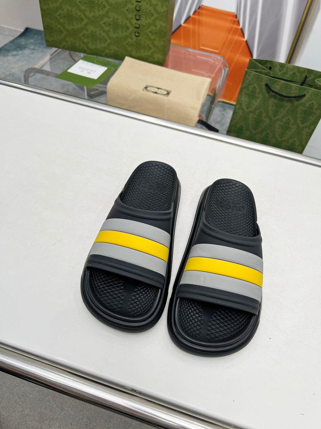 GUCCI PLATFORM SLIPPERS IN BLACK MIX GRAY AND YELLOW IMPORTED TPU