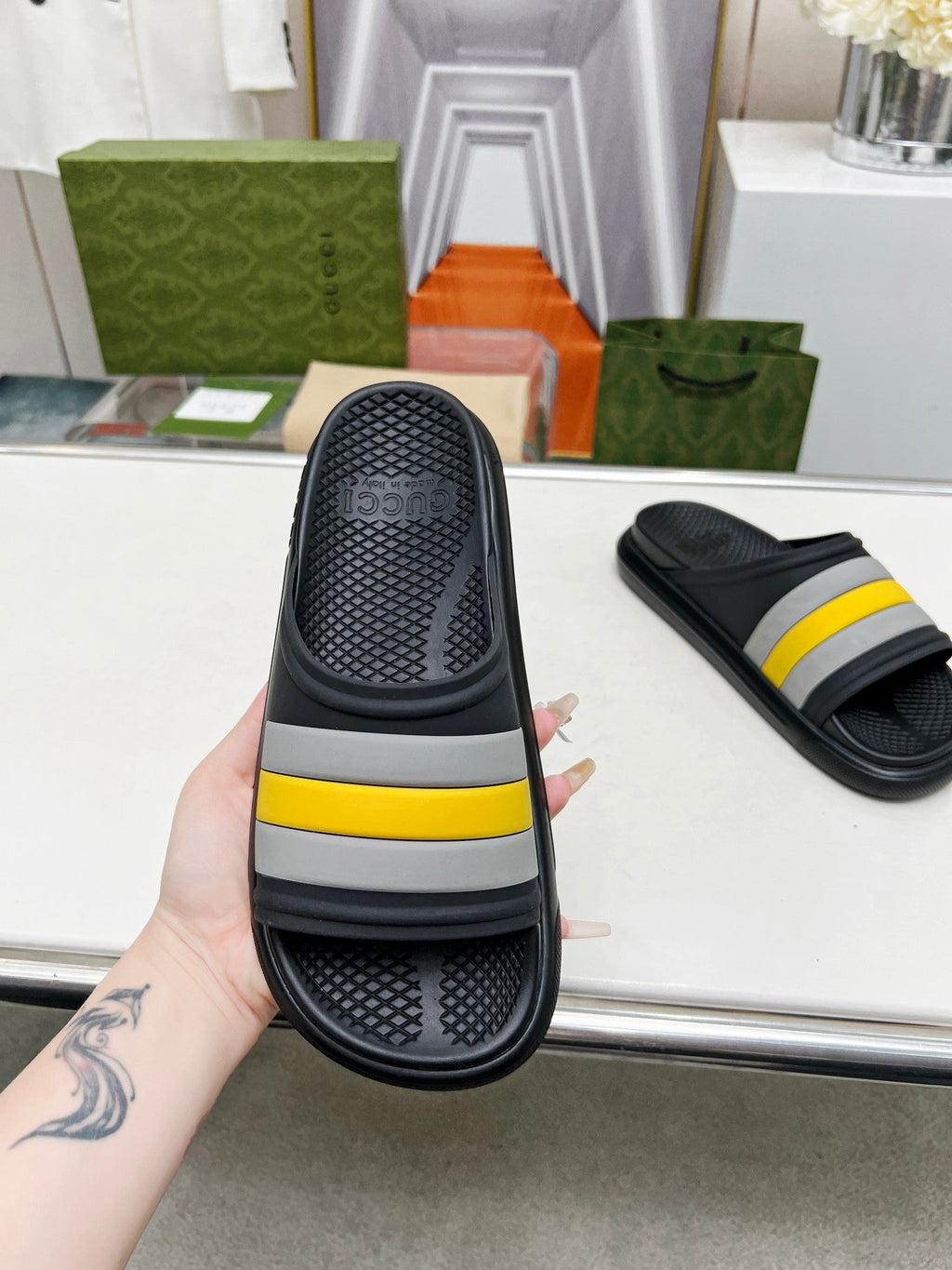 GUCCI PLATFORM SLIPPERS IN BLACK MIX GRAY AND YELLOW IMPORTED TPU