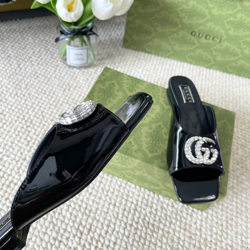GUCCI CRYSTAL SLIDES SANDAL BLACK CALFSKIN