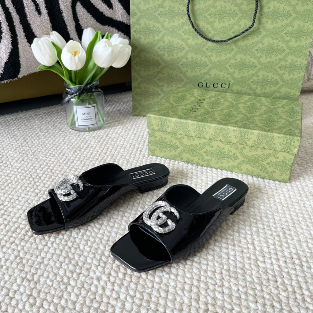 GUCCI CRYSTAL SLIDES SANDAL BLACK CALFSKIN