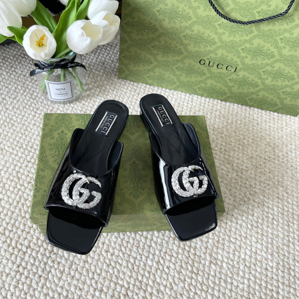 GUCCI CRYSTAL SLIDES SANDAL BLACK CALFSKIN
