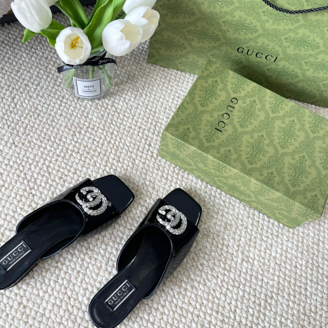 GUCCI CRYSTAL SLIDES SANDAL BLACK CALFSKIN