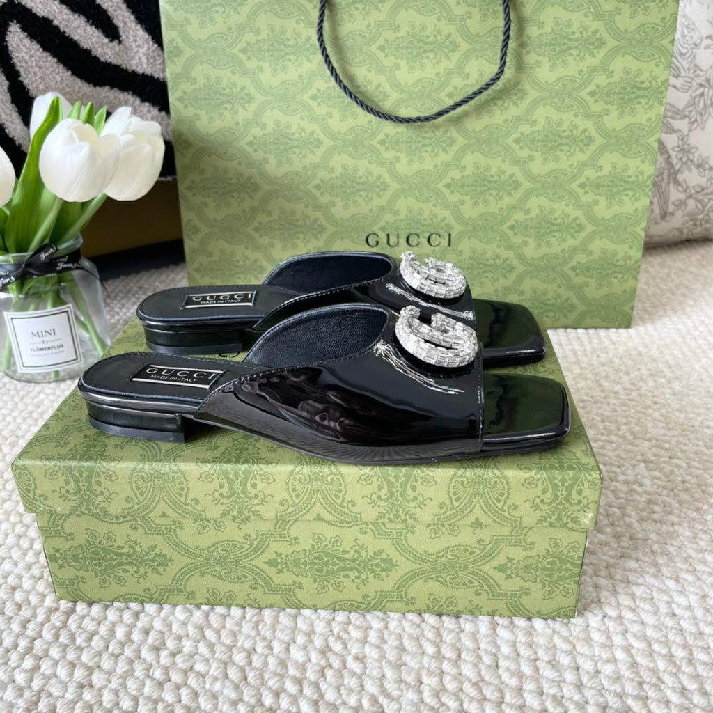 GUCCI CRYSTAL SLIDES SANDAL BLACK CALFSKIN