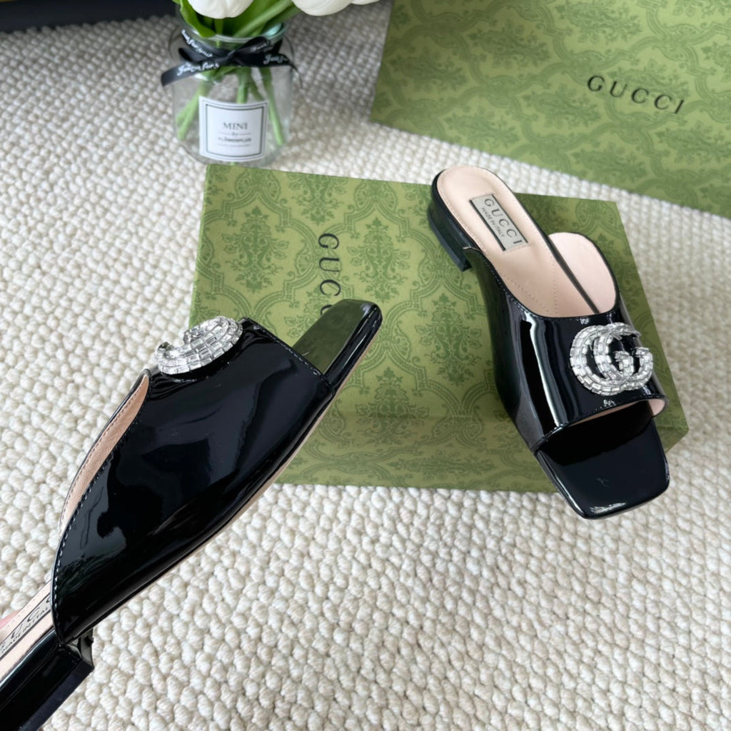 GUCCI CRYSTAL SLIDES SANDAL BLACK AND CREAM CALFSKIN